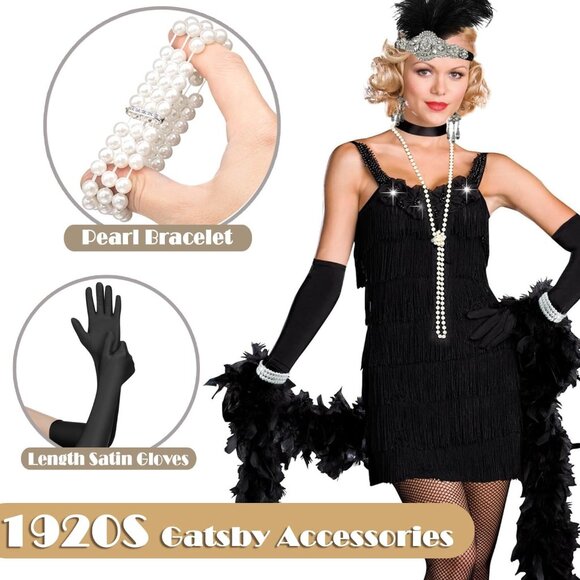 1920s Flapper Accessories Set Womens Costume Headband Gloves Pearl - Picture 2 of 7